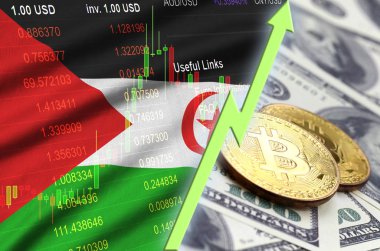 Batı Sahra bayrak ve eğilim ile iki bitcoins dolar faturaları üzerinde büyüyen cryptocurrency
