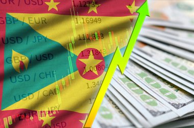 Grenada bayrağı ve bize para bir yelpaze ile dolar pozisyon büyüyen grafik