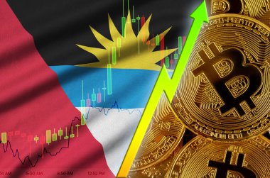 Antigua ve Barbuda bayrağı ve eğilim birçok altın bitcoins ile büyüyen cryptocurrency