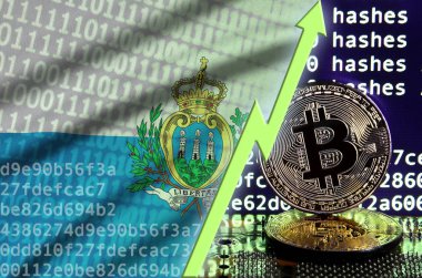 San Marino bayrağı ve bitcoin araştırma ekran ve iki fiziksel altın bitcoins yükselen Yeşil ok