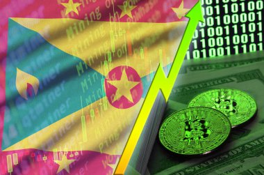 Grenada bayrağı ve eğilim iki bitcoins dolar faturaları ve ikili kod görüntü ile büyüyen cryptocurrency