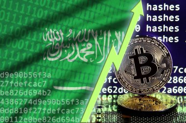 Suudi Arabistan bayrağı ve bitcoin araştırma ekran ve iki fiziksel altın bitcoins yükselen Yeşil ok