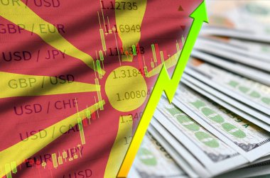 Makedonya bayrak ve bize para bir yelpaze ile dolar pozisyon büyüyen grafik