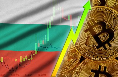 Bulgaristan bayrağı ve eğilim birçok altın bitcoins ile büyüyen cryptocurrency
