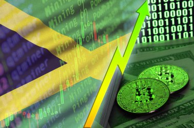 Jamaika bayrağını ve eğilim iki bitcoins dolar faturaları ve ikili kod görüntü ile büyüyen cryptocurrency