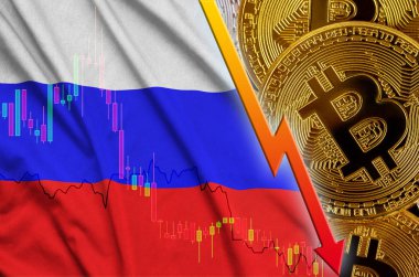 Rusya bayrağı ve eğilim ile birçok altın bitcoins düşen cryptocurrency