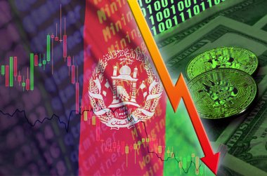 Afganistan bayrağı ve eğilim iki bitcoins ile düşen dolar faturaları ve ikili kod görüntü cryptocurrency