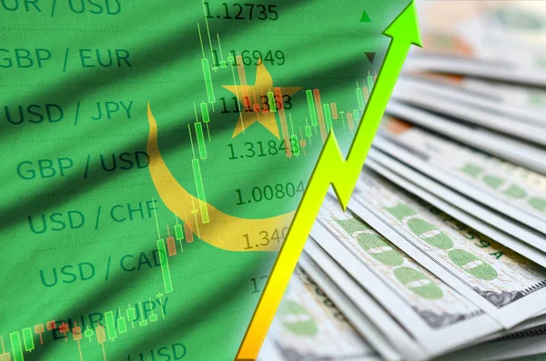 Bandiera della Mauritania e posizione crescente del dollaro USA con un fan delle banconote in dollari — Foto Stock