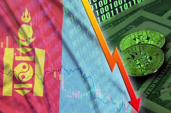 Mongólia zászló és cryptocurrency alá tartozó két bitcoins trend a dollár számlák és a bináris kódot megjeleníteni — Stock Fotó