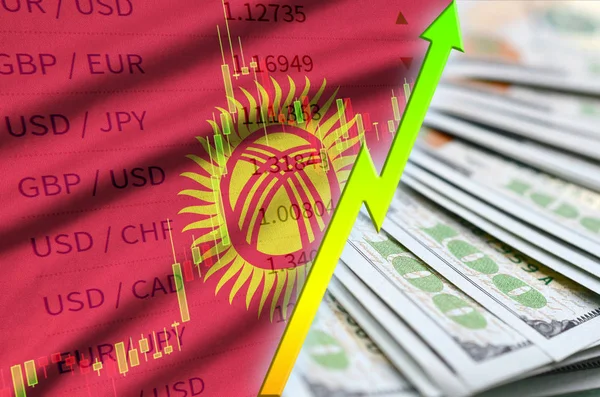 吉尔吉斯斯坦国旗和图表增长我们美元的位置与美元钞票的粉丝 — 图库照片