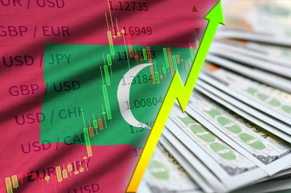马尔代夫国旗和图表增长我们美元的位置与美元钞票的风扇 — 图库照片