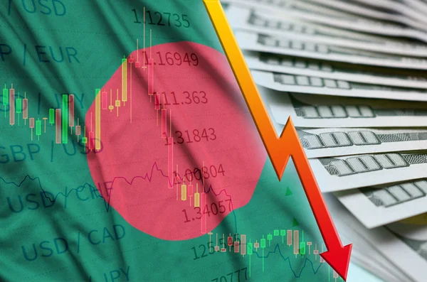 Bangladesh flag and chart falling US dollar position with a fan of dollar bills — Stock Photo, Image