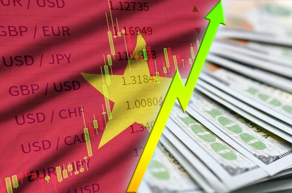 越南国旗和图表增长我们美元的位置与美元钞票的风扇 — 图库照片