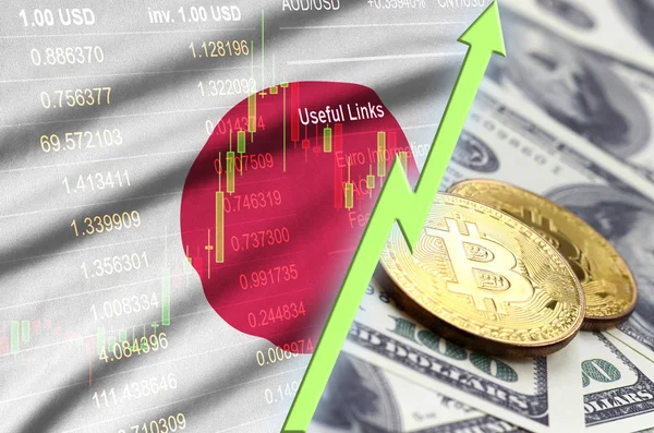 Japan flag and cryptocurrency growing trend with two bitcoins on dollar bills — Stock Photo, Image