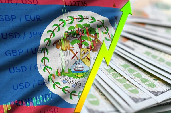 伯利兹国旗和图表增长我们美元的位置与美元钞票的风扇 — 图库照片