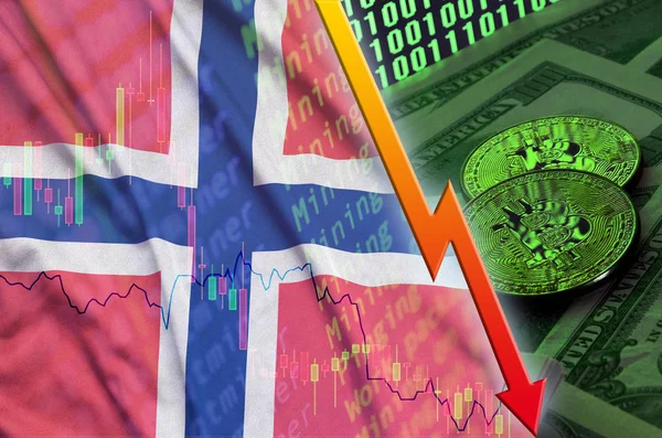 Norvégia lobogója és cryptocurrency alá tartozó két bitcoins trend a dollár számlák és a bináris kódot megjeleníteni — Stock Fotó