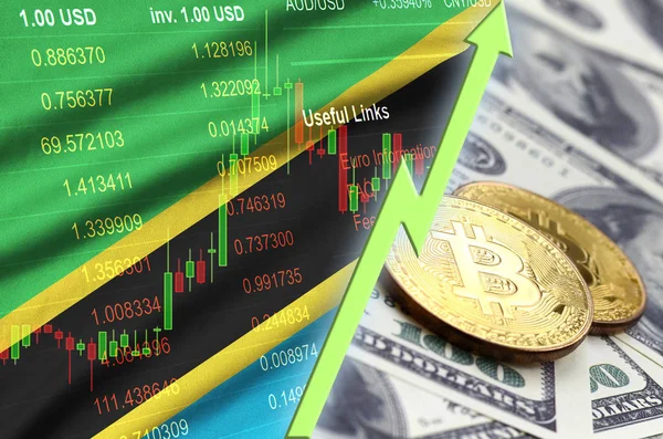 Bandeira da Tanzânia e criptomoeda tendência crescente com dois bitcoins em notas de dólar — Fotografia de Stock