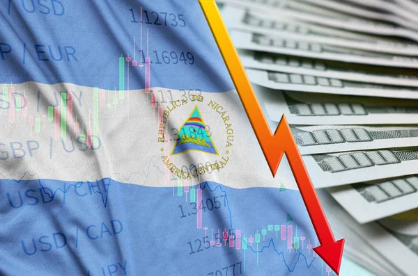 Флаг Никарагуа и график падения позиции доллара США с фанатом долларовых купюр — стоковое фото