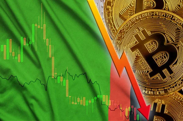 Zambia flag and cryptocurrency falling trend with many golden bitcoins — Stock Photo, Image