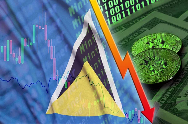 Saint Lucia zászló és cryptocurrency alá tartozó két bitcoins trend a dollár számlák és a bináris kódot megjeleníteni — Stock Fotó