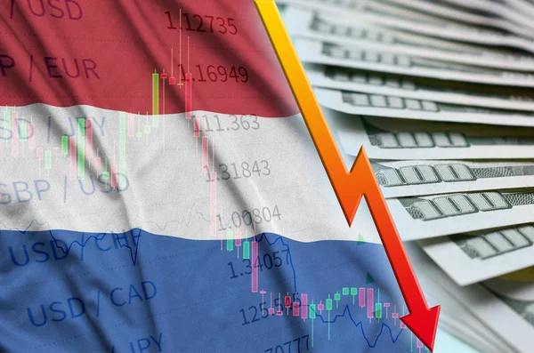 Netherlands flag and chart falling US dollar position with a fan of dollar bills