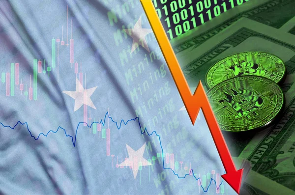 Mikronézia, Szövetségi Államok zászló és cryptocurrency alá tartozó két bitcoins trend a dollár számlák és a bináris kódot megjeleníteni — Stock Fotó