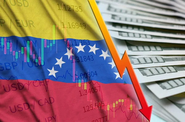 Флаг Венесуэлы и график падения позиции доллара США с фанатом долларовых купюр — стоковое фото