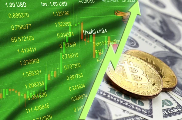 Vlajka Zambie a kryptoměn rostoucí trend s dvěma bitcoiny na dolarové bankovky — Stock fotografie