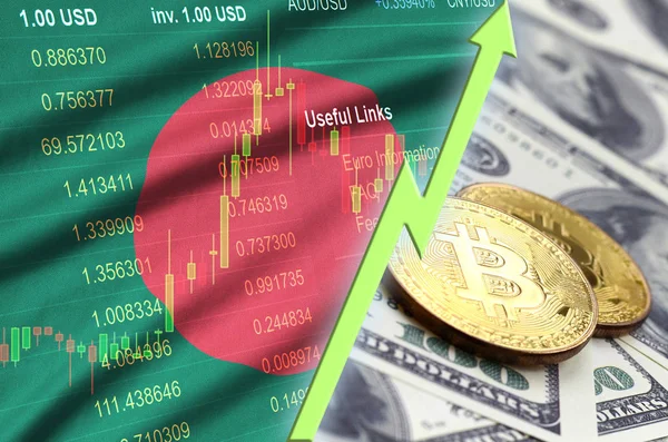 Bangladeş bayrağı ve eğilim ile iki bitcoins dolar faturaları üzerinde büyüyen cryptocurrency — Stok fotoğraf