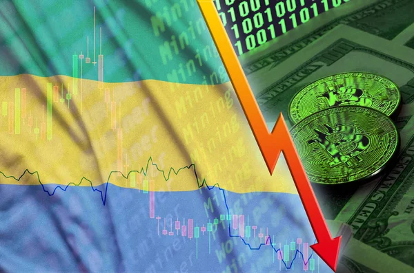 Gabon zászló és cryptocurrency alá tartozó két bitcoins trend a dollár számlák és a bináris kódot megjeleníteni — Stock Fotó