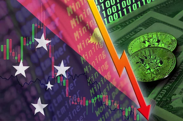 Pápua Új-Guinea zászló és cryptocurrency alá tartozó két bitcoins trend a dollár számlák és a bináris kódot megjeleníteni — Stock Fotó