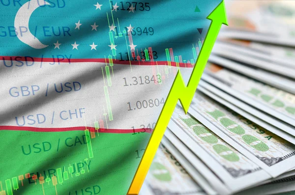 乌兹别克斯坦国旗和图表增长我们美元的位置与美元钞票的风扇 — 图库照片