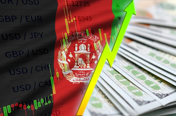 阿富汗国旗和图表增长我们美元的位置与美元钞票的粉丝 — 图库照片