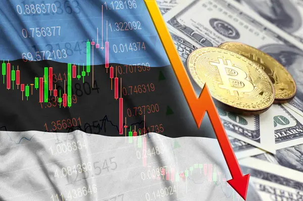 Estland-Flagge und Kryptowährung fallen Trend mit zwei Bitcoins auf Dollarscheinen — Stockfoto