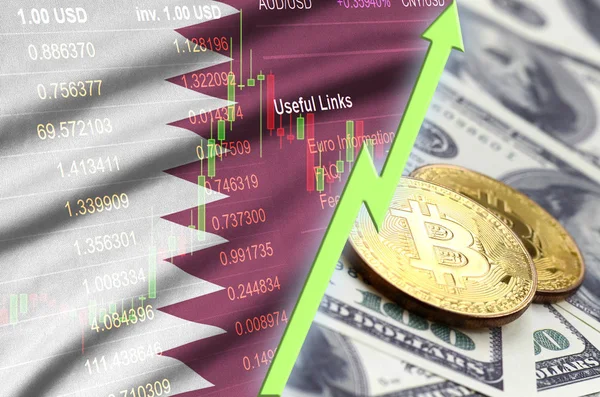 Katar zászló és cryptocurrency egyre nagyobb trend a két bitcoins a dollár bills — Stock Fotó