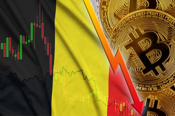 Belgium flag and cryptocurrency falling trend with many golden bitcoins