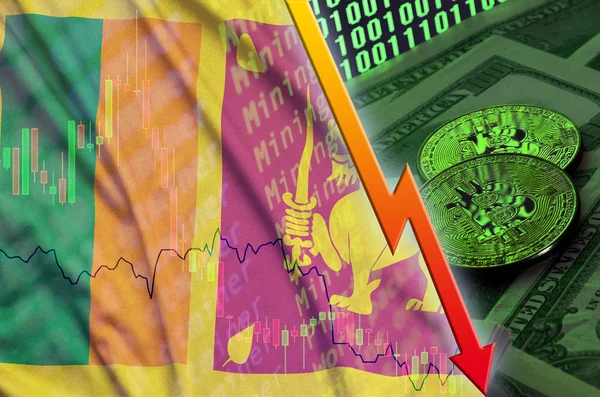 Srí Lanka-i zászló és cryptocurrency alá tartozó két bitcoins trend a dollár számlák és a bináris kódot megjeleníteni — Stock Fotó