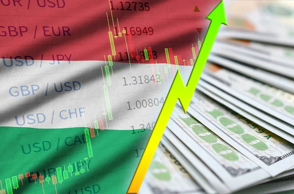 匈牙利国旗和图表增长我们美元的位置与美元钞票的风扇 — 图库照片
