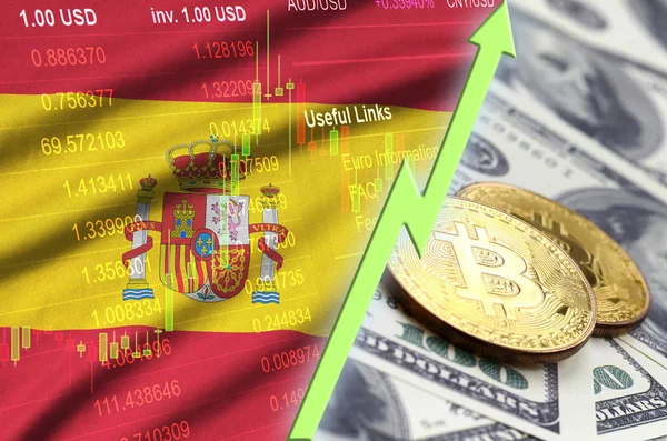 Spanje vlag en cryptocurrency groeiende trend met twee bitcoins op dollarbiljetten — Stockfoto