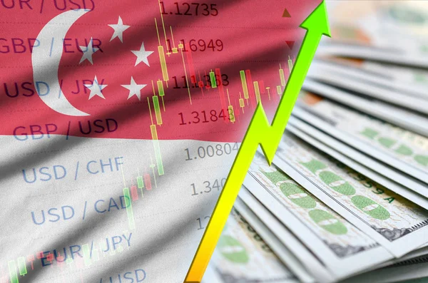 新加坡国旗和图表增长我们美元的位置与美元钞票的粉丝 — 图库照片