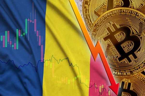 Chad bandera y criptomoneda tendencia a la baja con muchos bitcoins de oro — Foto de Stock
