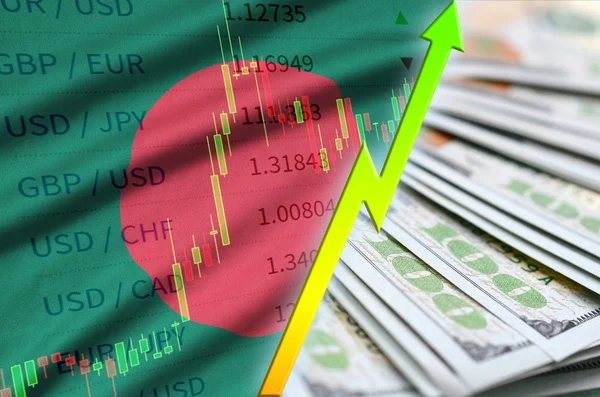 Σημαία του Μπανγκλαντές και διάγραμμα μας καλλιέργεια δολάριο θέση με έναν ανεμιστήρα των λογαριασμών του δολαρίου — Φωτογραφία Αρχείου