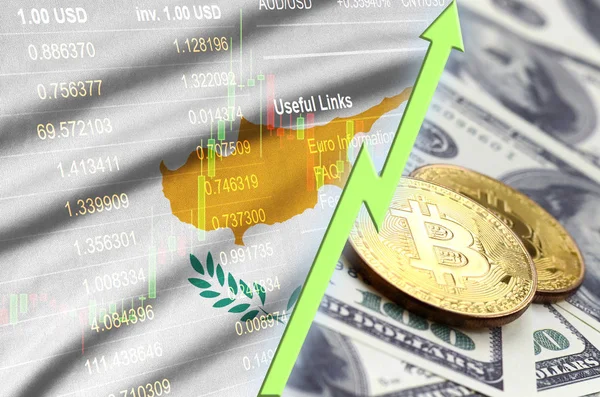 Ciprusi zászló és cryptocurrency egyre nagyobb trend a két bitcoins a dollár bills — Stock Fotó