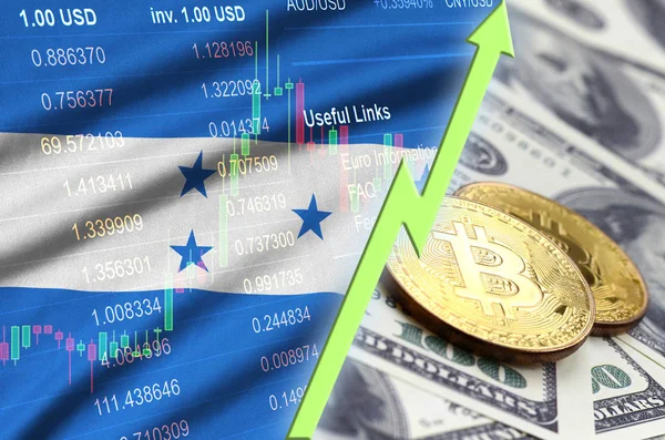 Гондурасский флаг и тенденция роста криптовалют с двумя биткойнами на долларовых купюрах — стоковое фото