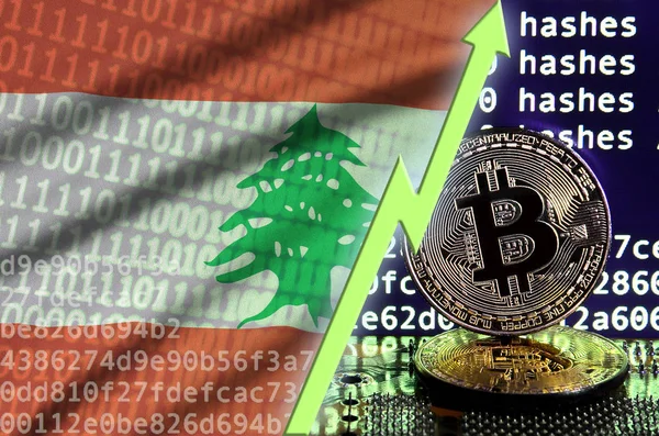 Lübnan Bayrağı ve bitcoin araştırma ekran ve iki fiziksel altın bitcoins yükselen Yeşil ok