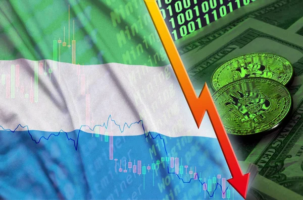 Sierra Leone flag and cryptocurrency falling trend with two bitcoins on dollar bills and binary code display — Stock Photo, Image