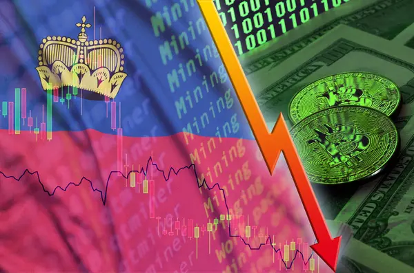 Liechtenstein zászló és cryptocurrency alá tartozó két bitcoins trend a dollár számlák és a bináris kódot megjeleníteni — Stock Fotó