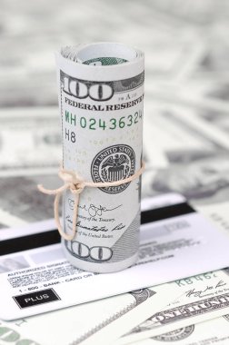 Biz dolar yuvarlanmış ve grup ile sıkıldı kredi kartı yatıyor. Amerikan para ve online modern sanal bankacılık kavramı