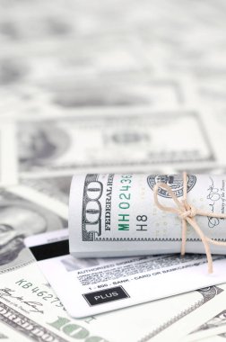 Biz dolar yuvarlanmış ve grup ile sıkıldı kredi kartı yatıyor. Amerikan para ve online modern sanal bankacılık kavramı