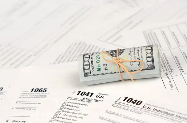 Tax Forms Lies Roll Hundred Dollar Bills Income Tax Return Royalty Free Stock Images